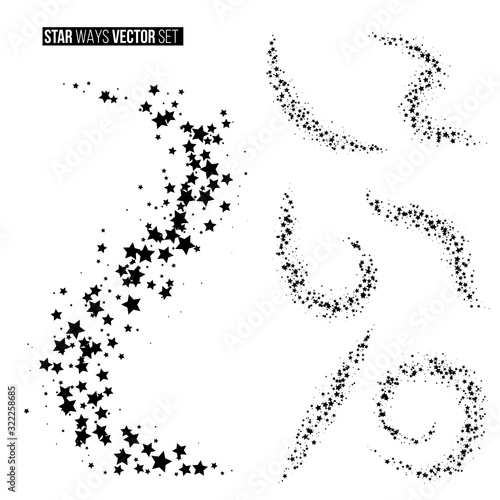 Black star ways vector illustrations set. Shimmering clouds with stars isolated on white background. Magic stardust backdrops. Abstract sparkling vortex. Fairy glowing whirl creative wallpapers.