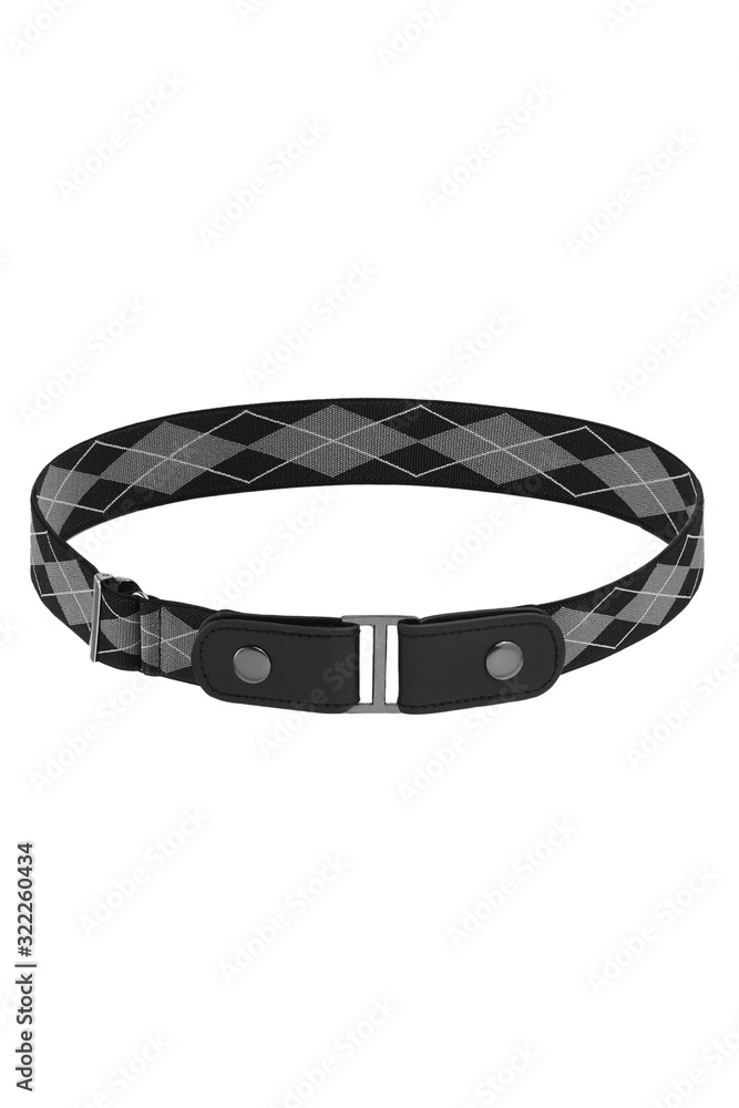 Subject shot of a black and gray canvas belt with an argyle pattern and fitted with a steel buckle and snap-fasteners. The webbing belt is isolated on the white background. Subject shot of a black and gray canvas belt with an argyle pattern and fitted with a steel buckle and snap-fasteners. The webbing belt is isolated on the white background.