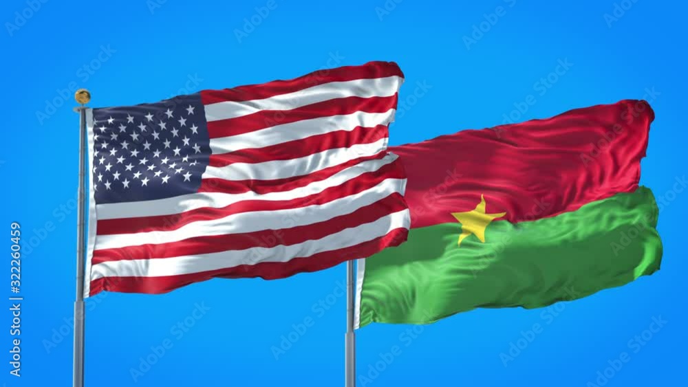 Burkina Faso and United States flag waving in deep blue sky together. High Definition 3D Render. Burkina Faso and United States flag waving in deep blue sky together. High Definition 3D Render.