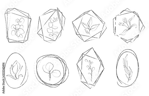 Botanical sketched floral crystal frames. Line art hand drawn geometric shapes