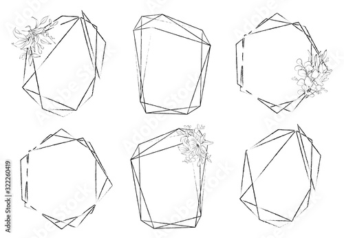 Botanical sketched floral crystal frames. Line art hand drawn geometric shapes