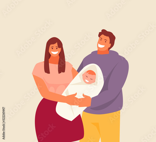 Young hugging mom and dad with a baby in their arms. Happy family. Mother and father day vector illustration