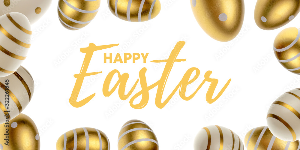 Happy Easter falling golden shine decorated eggs in shape frame isolated on white background. For greeting card, promotion, poster, flyer, web-banner, article Happy Easter falling golden shine decorated eggs in shape frame isolated on white background. For greeting card, promotion, poster, flyer, web-banner, article
