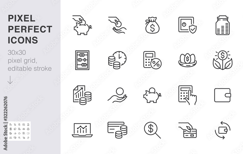 Money income line icon set. Pension fund, profit growth, piggy bank, finance capital minimal vector illustration. Simple outline signs for investment application. 30x30 Pixel Perfect Editable Strokes