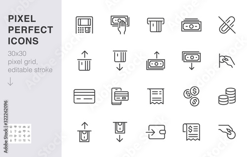 Atm machine line icon set. Withdraw money, deposit, hand taking cash, receipt minimal vector illustration. Simple outline signs for payment terminal application. 30x30 Pixel Perfect. Editable Strokes