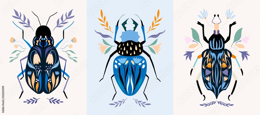 Fototapeta premium Insect cards/poster/banner set with decorative detailed bugs