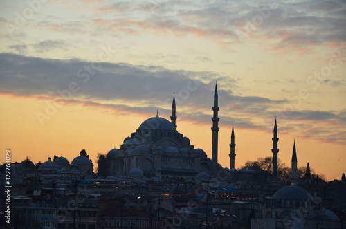 Beautiful sunset with the silhouette of Sultan Ahmed Mosque.