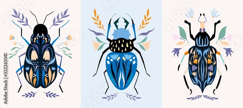 Fényképezés Insect cards/poster/banner set with decorative detailed bugs