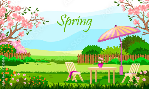 Horizontal spring banner with backyard, blooming bushes, flowers and fence. Elegant white outdoor furniture with large umbrella. Relax zone with sakura branches, chairs and table in the garden.