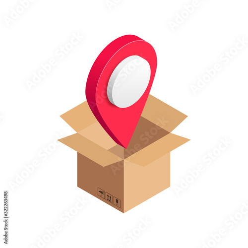 Isometric opened cardboard box with map pointer inside isolated on whte background. 3D relocation service logo, transport company, moving to new house or office concept. Vector illustration
