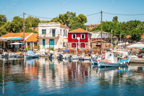 View of port and town of Molyvos (Mithymna), Lesvos (Lesbos) Island, Greece.