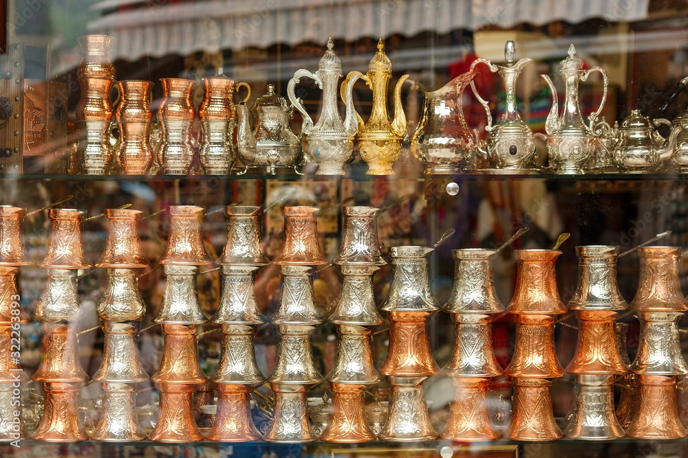 Traditional coffee pots in a shop window