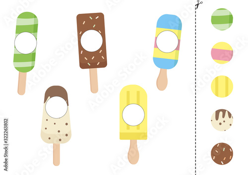 Matching game of sweet ice creams of different forms.