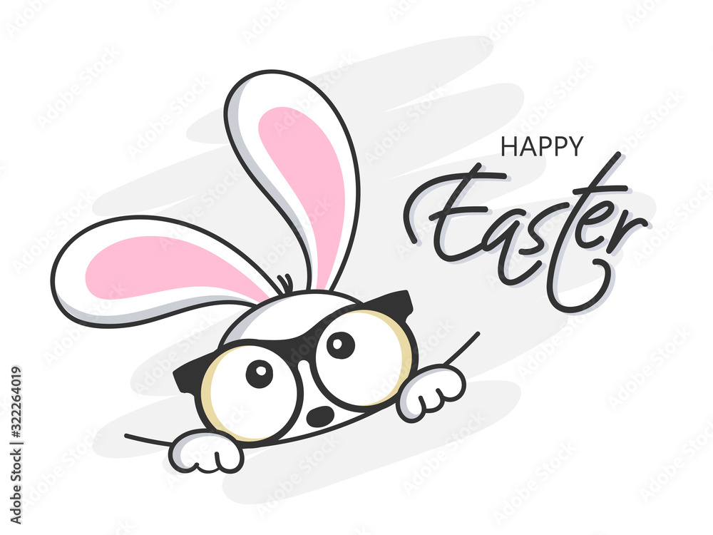 Obraz premium Cute Bunny Face wearing Eyeglasses in Hidden Pose on White Background for Happy Easter Celebration.