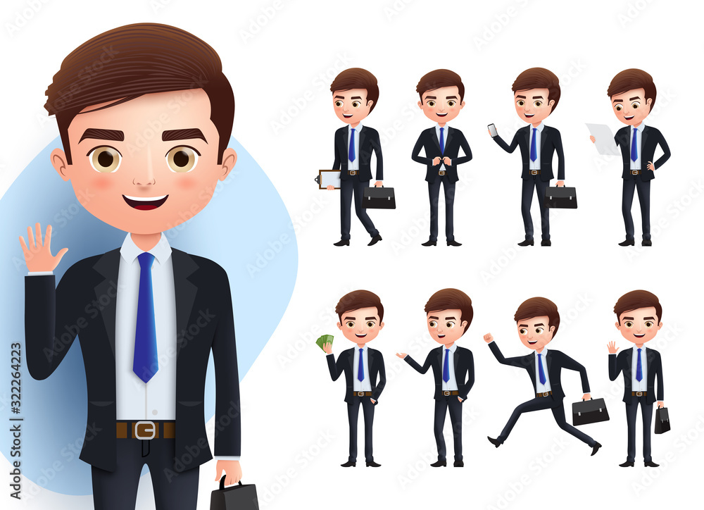 Business man vector character set. Business professional male characters in standing, waving, talking, running, walking, and reading pose isolated in white background. Vector illustration Business man vector character set. Business professional male characters in standing, waving, talking, running, walking, and reading pose isolated in white background. Vector illustration