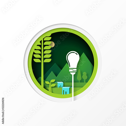 Paper art of green ecology and save energy for sustainable resources conservation environment concept.Vector illustration.