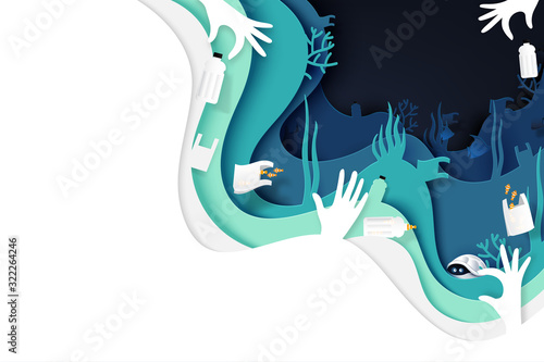 Waste and garbage of plastic product under the sea.Paper art of ocean,conservation and sustainable environment and ecology concept.Vector illustration.
