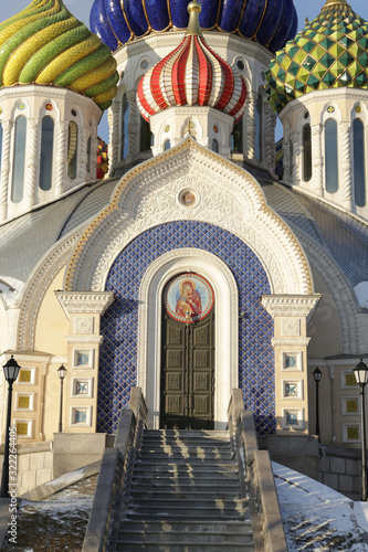 Facade of Orthodox Saint Igor Chernigovsky's church (Church of the Holy Igor of Chernigov) in Novo-Peredelkino, Moscow, Russia. Religious architecture and orthodoxy. Moscow landmark, monument. Culture photo