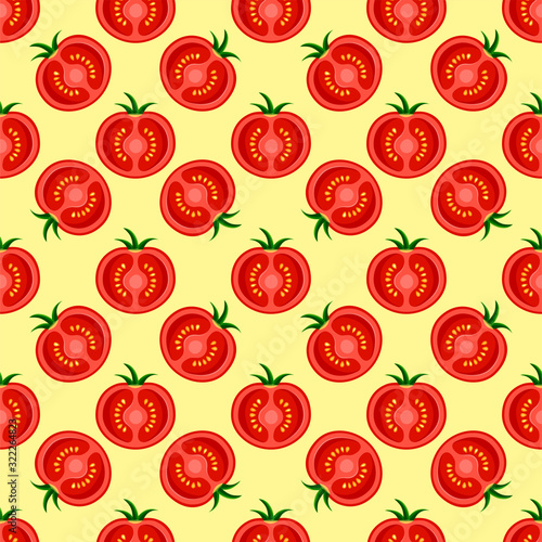 Flat natural food seamless pattern. Red juicy tomato slice isolated on yellow. Abstract texture for print, paper, kitchen design, fabric, cafe decor, wrap, backgrounds, menu, ads. Vector illustration