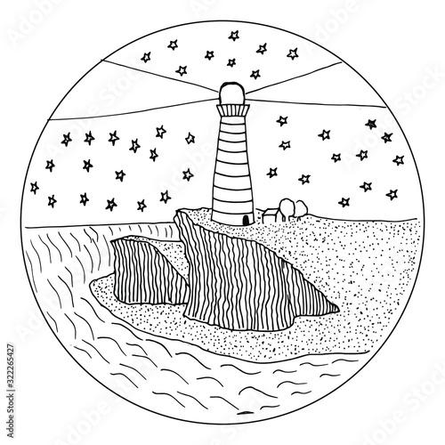 Figure lighthouse on a cliff of the island, stars in the sky and the light of the lighthouse in different directions.