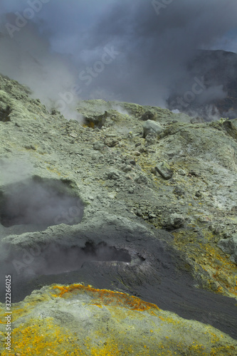 Whakaari / White Island New Zealand active volcano. Moonscape. Andesite stratovolcano Sulphur mining