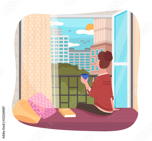 Female character sitting on windowsill looking outside window. Woman drinking tea or coffee enjoying cityscape and urban lifestyle. Young girl in apartment with book. Skyline view vector in flat