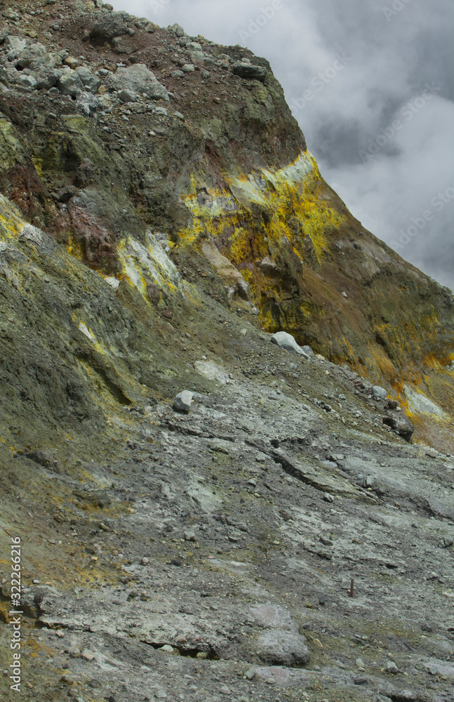 Whakaari / White Island New Zealand active volcano. Moonscape. Andesite stratovolcano Sulphur mining Whakaari / White Island New Zealand active volcano. Moonscape. Andesite stratovolcano Sulphur mining