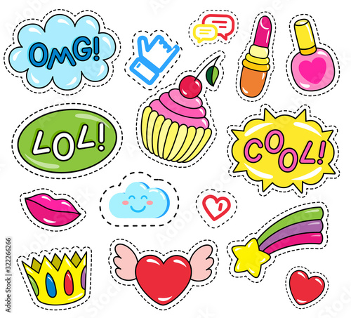 Collection of patches, set of isolated stickers. Inscriptions and images. Crown and nail polish. Omg and lol icons. Heart with rainbow and falling star, sweet cupcake with cream, vector in flat