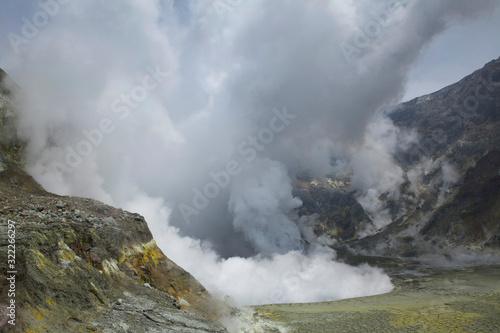 Whakaari / White Island New Zealand active volcano. Moonscape. Andesite stratovolcano Sulphur mining