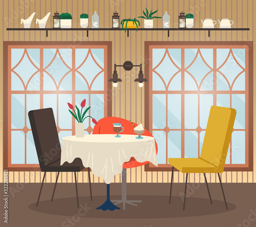 Restaurant interior view table with glass of coffee and dessert, flower decor and empty chairs near big windows and lamp. Cafeteria nobody place with drink and sweet near shelf with cutlery vector