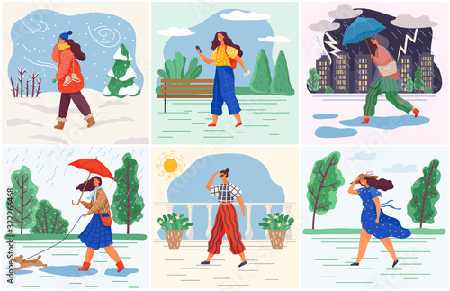 Girl and weather conditions, woman wearing seasonal clothes vector. Female character walking on street in rain or snowfall, summer heat or windy day. Changing seasons and fashion, outfits illustration