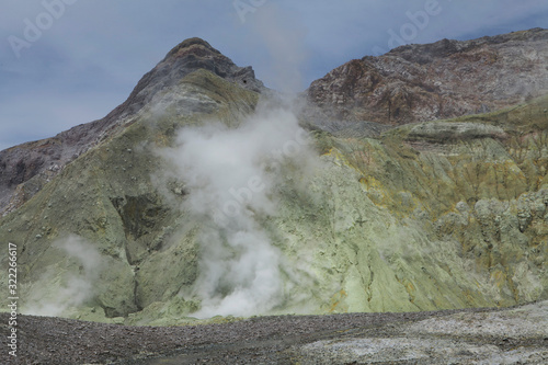 Whakaari / White Island New Zealand active volcano. Moonscape.  Andesite stratovolcano Sulphur mining photo