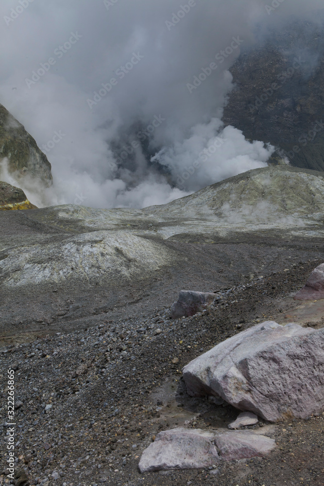 Whakaari / White Island New Zealand active volcano. Moonscape.  Andesite stratovolcano Sulphur mining