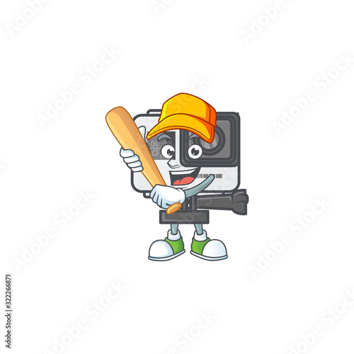 An active healthy action camera mascot design style playing baseball