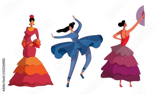 Women Wearing Dresses Performing Different Dances Vector Set