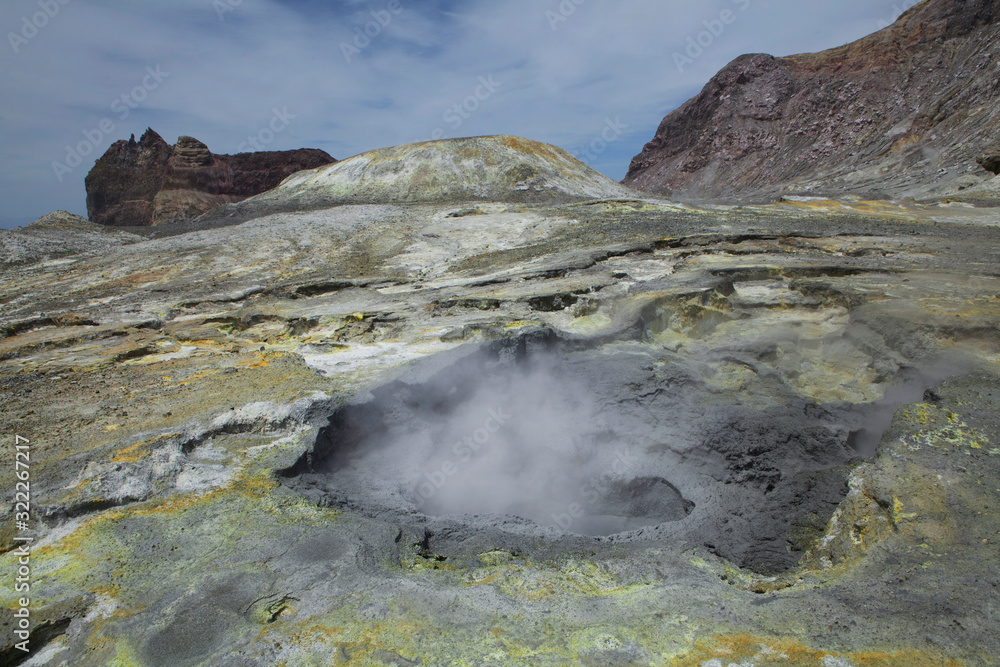 Whakaari / White Island New Zealand active volcano. Moonscape. Andesite stratovolcano Sulphur mining Whakaari / White Island New Zealand active volcano. Moonscape. Andesite stratovolcano Sulphur mining
