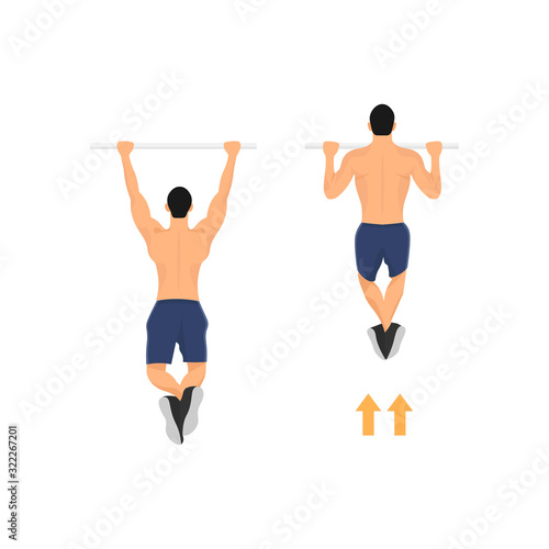 Male pull up workout steps. Man hanging on pull up bar. Gym workout. Crossfit sport excercise. Calisthenics body building activity - Simple flat character vector illustration.