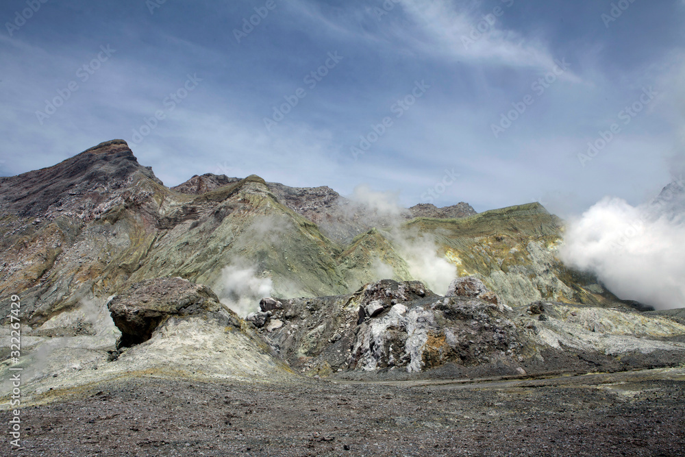 Whakaari / White Island New Zealand active volcano. Moonscape. Andesite stratovolcano Sulphur mining Whakaari / White Island New Zealand active volcano. Moonscape. Andesite stratovolcano Sulphur mining