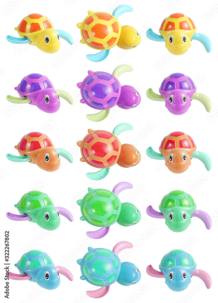 Fototapeta premium Group of plastic turtle toy isolated on white background, Toy for play in bathtub