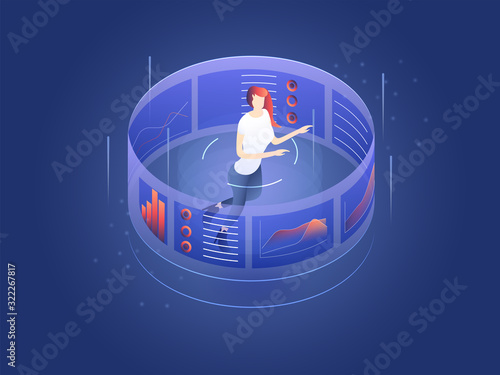 Woman looking and analysing at graphic chart, business analytics concept, big data processing on user interface screen. 3D isolated isometric vector illustration