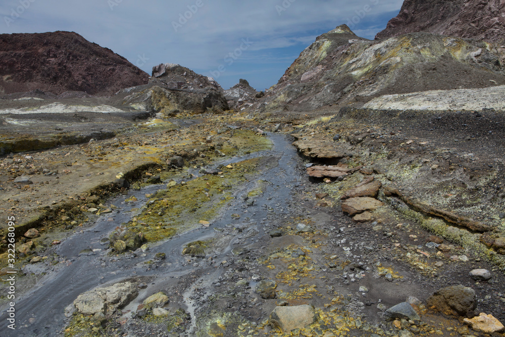 Whakaari / White Island New Zealand active volcano. Moonscape.  Andesite stratovolcano Sulphur mining