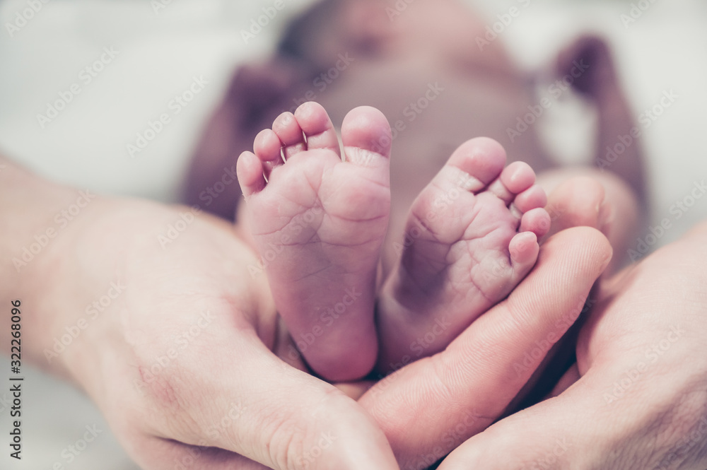 Feet of a newborn baby in the hands of parents. Happy family moment and concept. Feet of a newborn baby in the hands of parents. Happy family moment and concept.