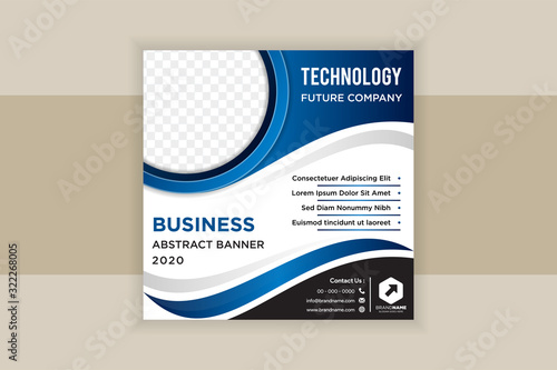 Square layout templates for social media, mobile apps or flyer. Social media banner with gradient blue and black element designs. Quarter circle space for photo. wavy style match for technology ad.