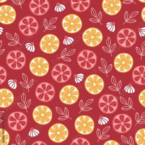 Food seamless pattern with meringues, leaves, lemon and orange slices