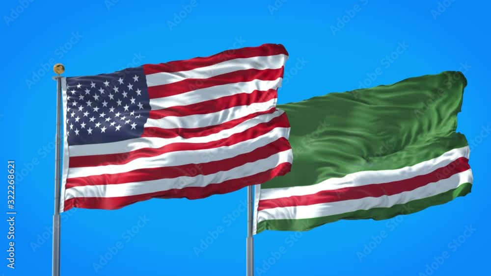 Chechnya and United States flag waving in deep blue sky together. High Definition 3D Render. Chechnya and United States flag waving in deep blue sky together. High Definition 3D Render.