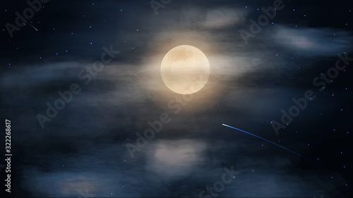 Night dark and blue starry sky with big full moon in clouds, vector photorealistic illustration