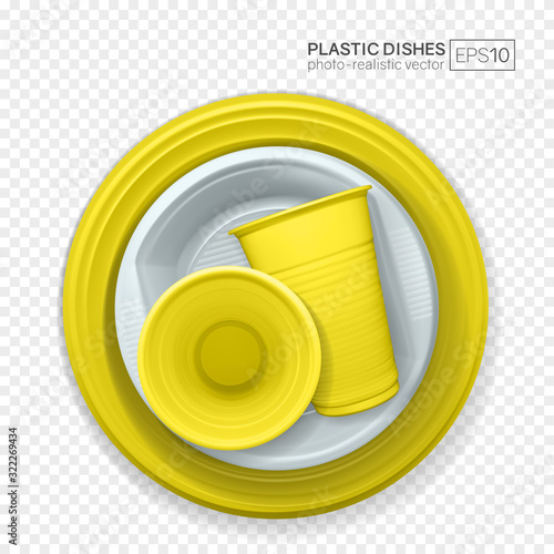 Set of realistic plastic dishes on a transparent background. Yellow and white disposable tableware.