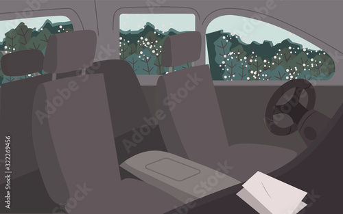 Black cars interiors, vehicles inside views. Empty automobile salon. Car cabin elements like seat for passengers, steering wheel. Trips and journey by auto. Winter landscapes and scenery vector