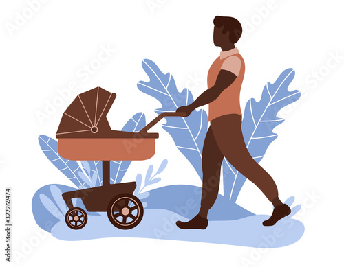 Young dad walking with his baby in stroller. Man babysitter with pram in the park. Flat vector illustration.