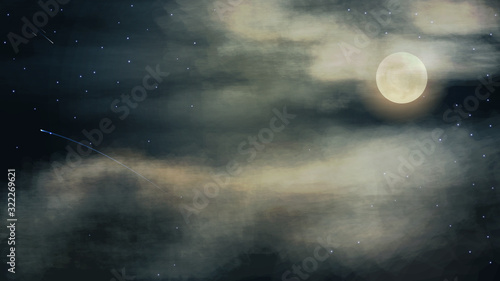 Naklejka Night sky with full moon in thick clouds, vector photorealistic illustration